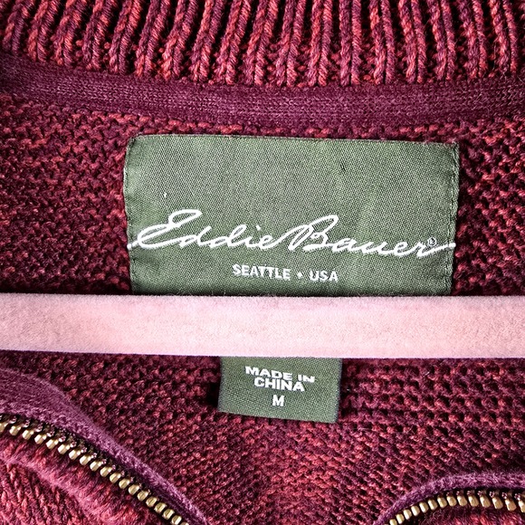 Eddie‎ Bauer Men M Red Burgundy Heather Pullover Sweater Quarter Zip Leather Zip - Picture 2 of 12